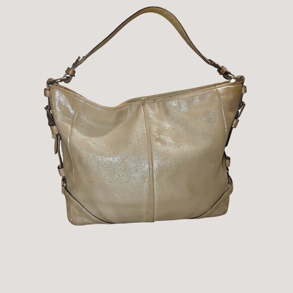 Coach Metallic Gold Leather Tote Bag Adjustable Strap Light Blue Interior - Picture 2 of 13